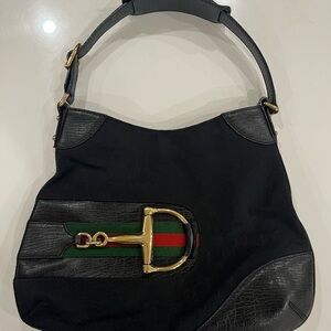 Gucci Black Monogram Canvas web Detail Horsebit Hasler Hobo